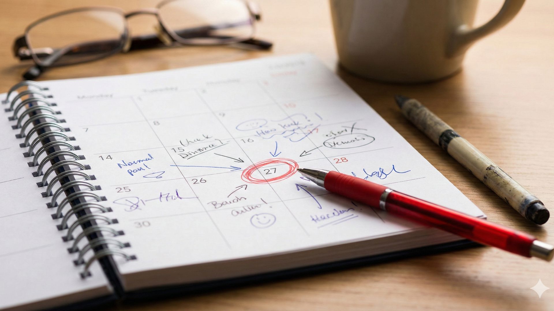 close-up of a calendar with the 27th circled in red, handwritten notes and arrows, shows what can happen if you miss jury duty