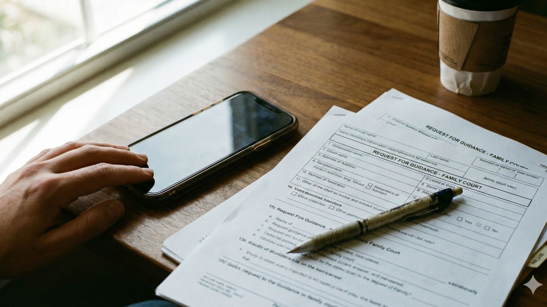 A person sits at a desk with legal forms, a phone, and a coffee cup, representing the potential consequences of legal matters like what happens if you miss jury duty.